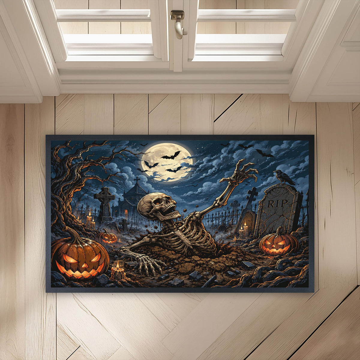 Halloween Skeleton Graveyard Doormat, Spooky Pumpkin Porch Decor (Sublimation Print)