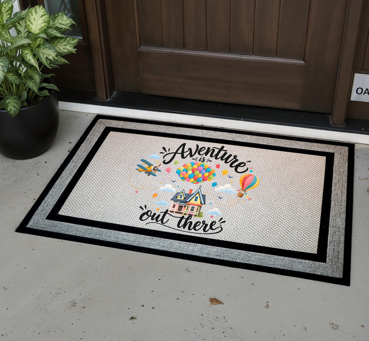 Adventure Out There Doormat, Balloon House Travel Quote, Sublimation Mat (18x30in)