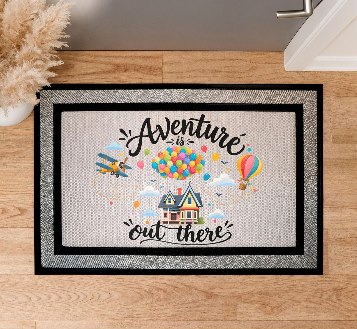 Adventure Out There Doormat, Balloon House Travel Quote, Sublimation Mat (18x30in)