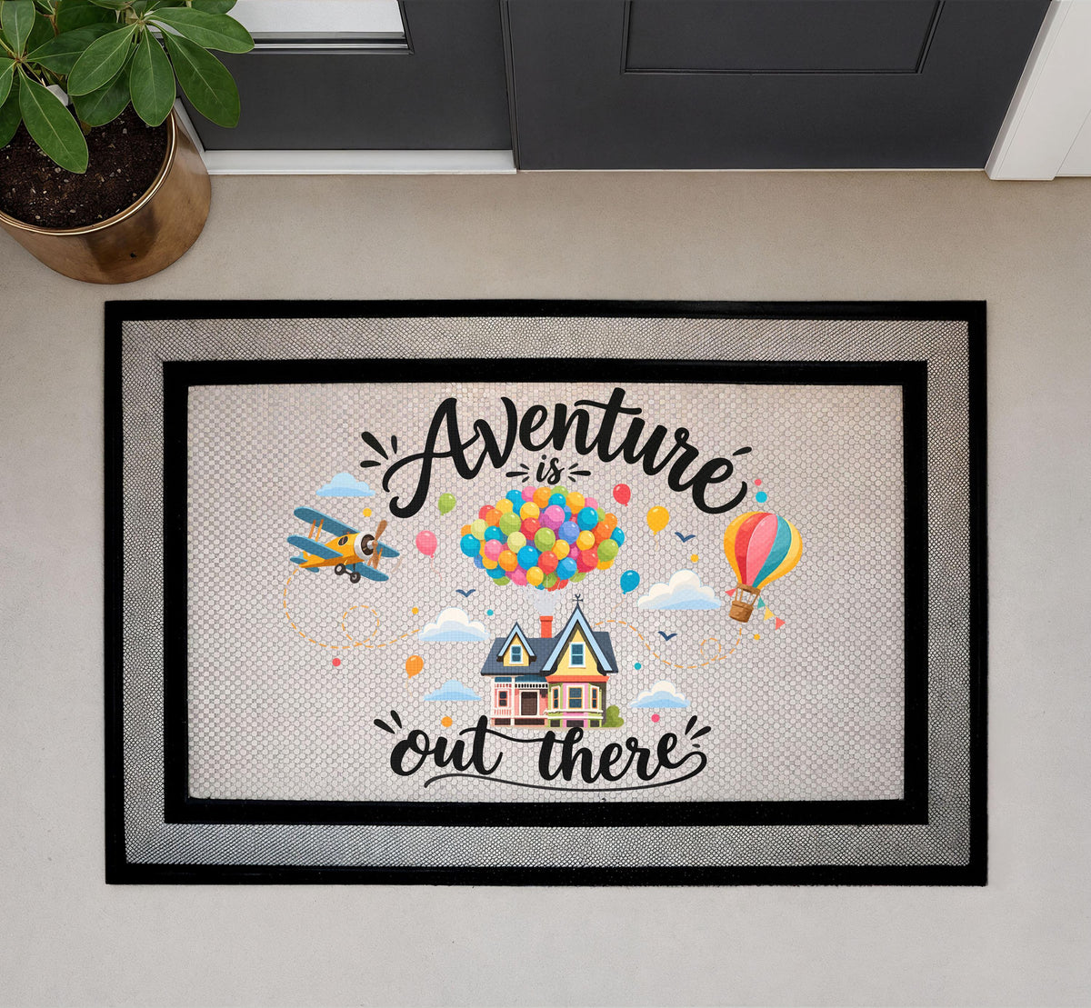 Adventure Out There Doormat, Balloon House Travel Quote, Sublimation Mat (18x30in)
