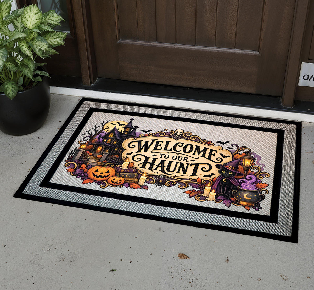 Welcome To Our Haunt Doormat, Spooky Halloween Black Cat Entrance Rug