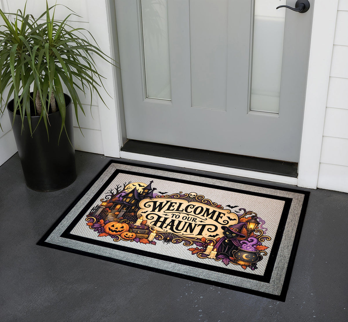 Welcome To Our Haunt Doormat, Spooky Halloween Black Cat Entrance Rug