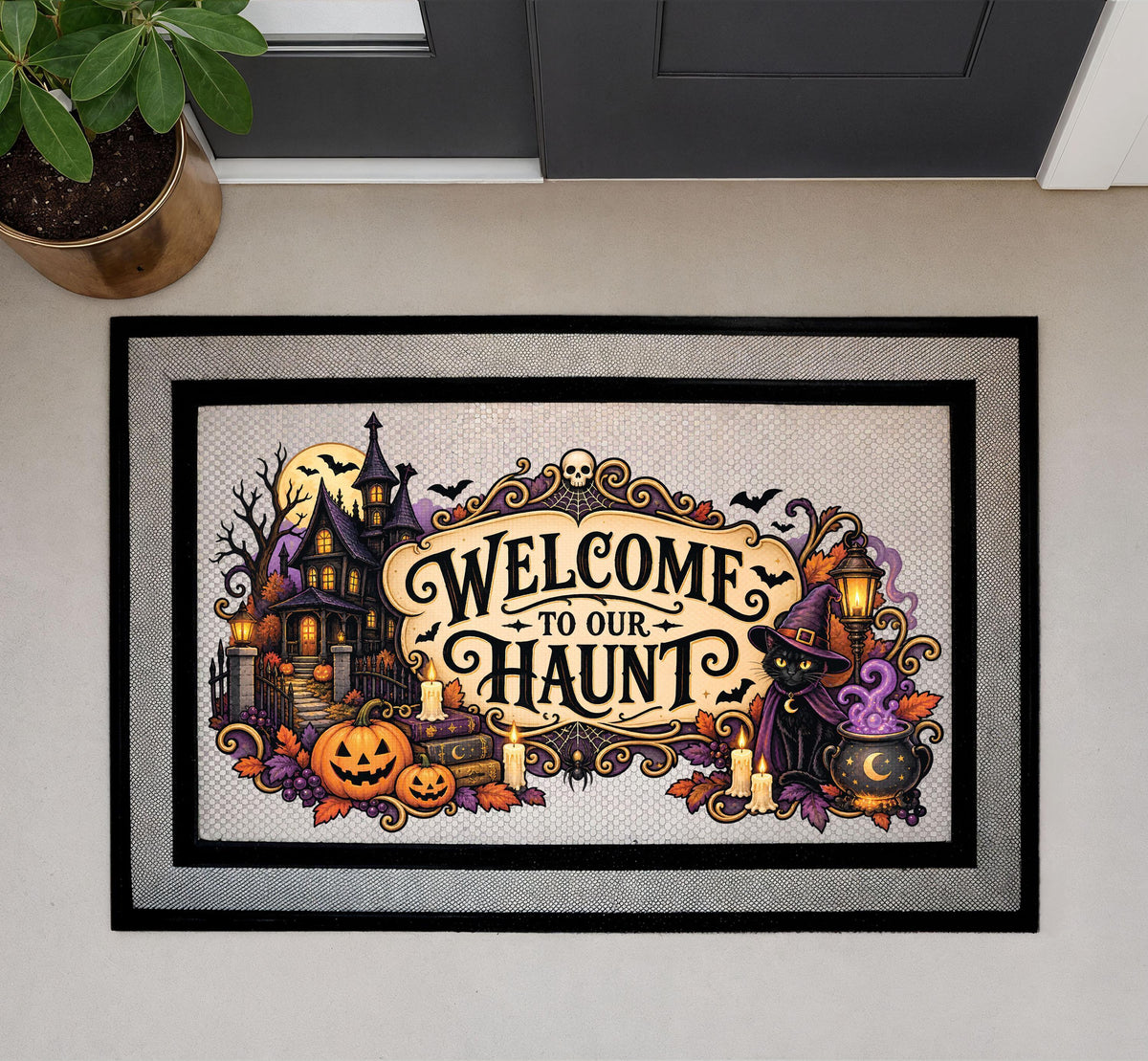 Welcome To Our Haunt Doormat, Spooky Halloween Black Cat Entrance Rug