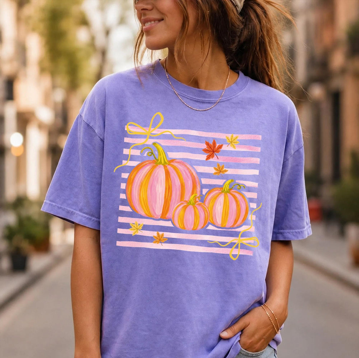 Preppy Bow Pumpkin Pumpkins Comfort Colors® Shirt, Striped Autumn Vibes Tee, Thanksgiving Women Gift