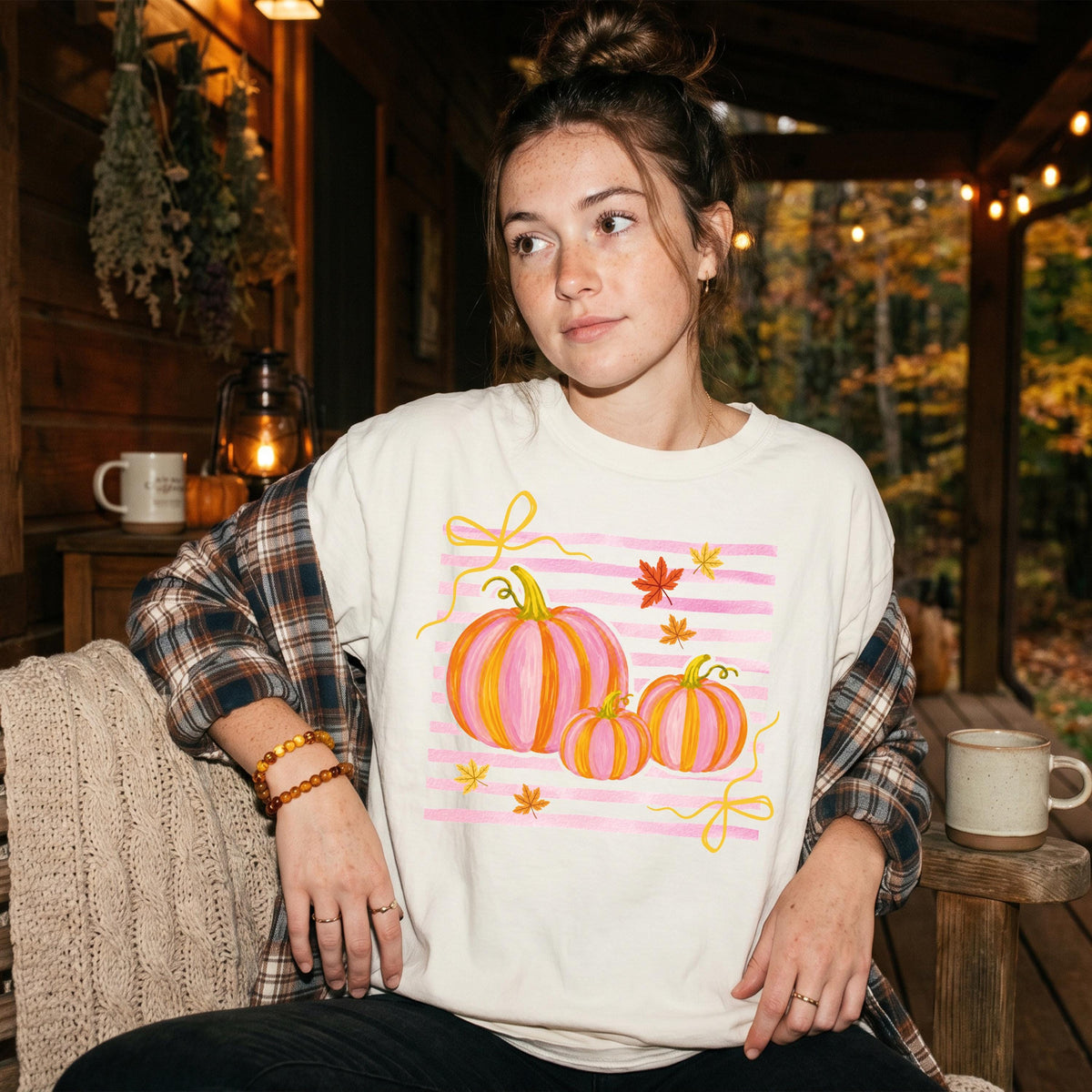 Preppy Bow Pumpkin Pumpkins Comfort Colors® Shirt, Striped Autumn Vibes Tee, Thanksgiving Women Gift