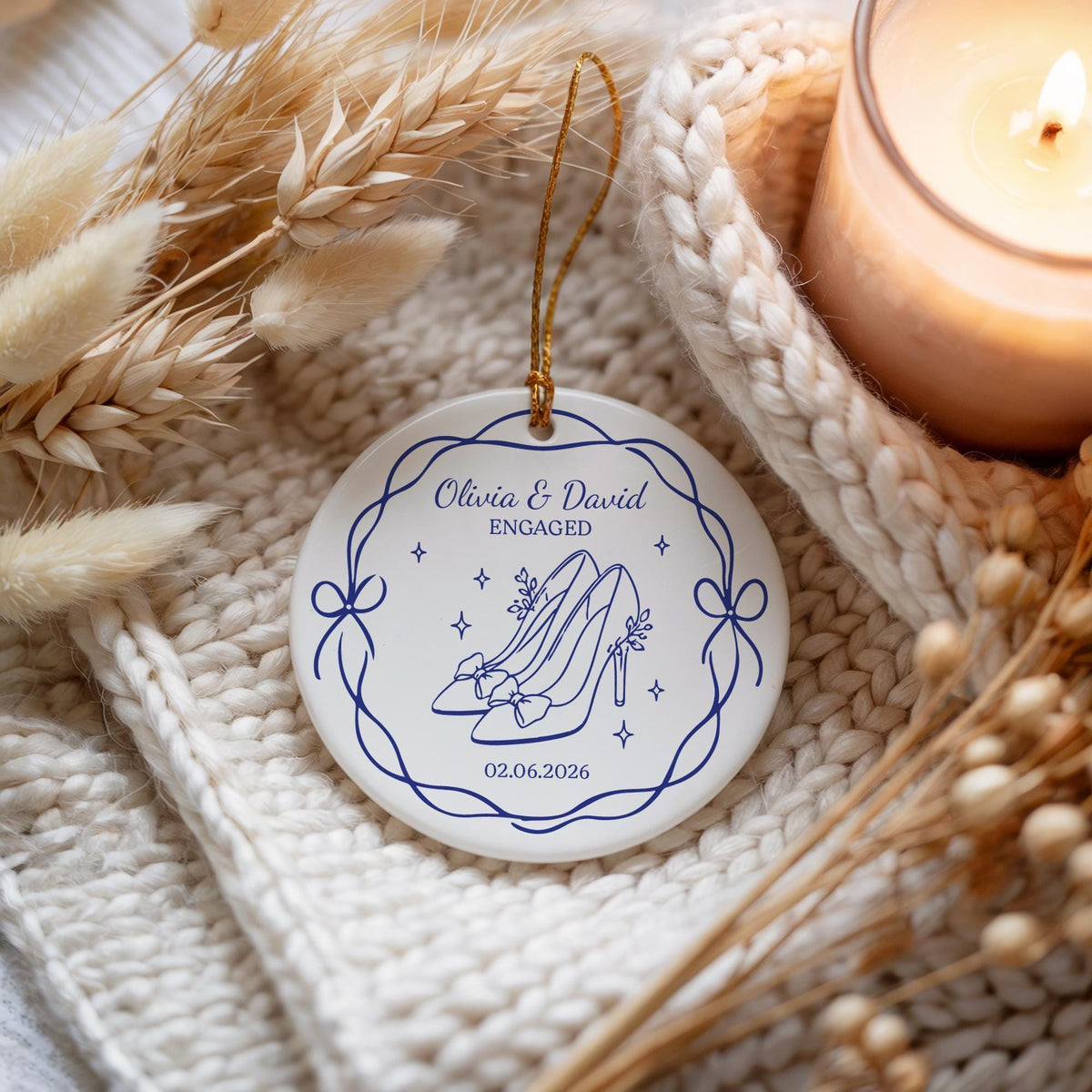 Personalized Engagement Christmas Ceramic Ornament, Custom Name and Date Engaged Keepsake