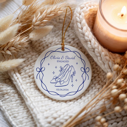 Personalized Engagement Christmas Ceramic Ornament, Custom Name and Date Engaged Keepsake