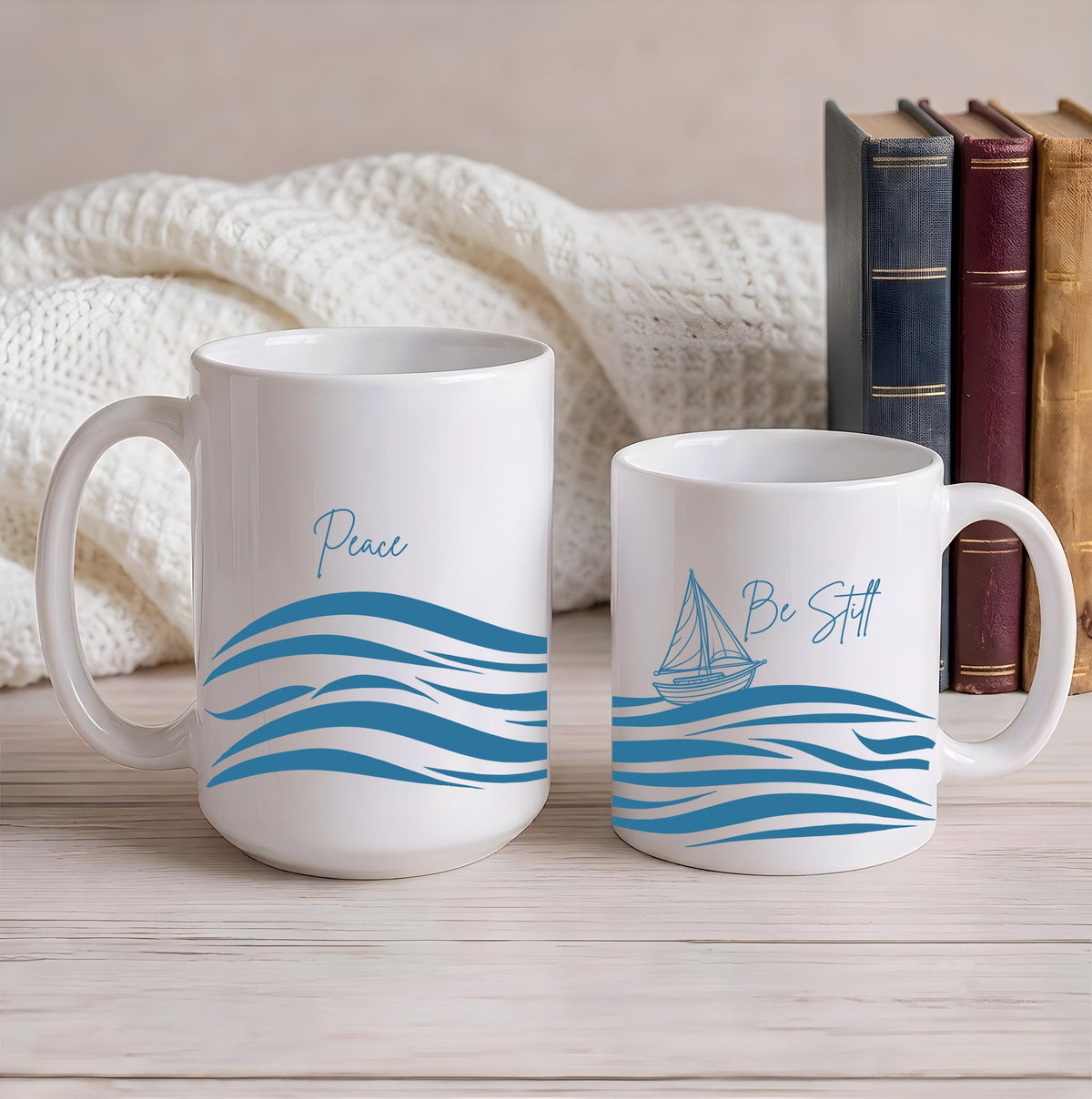 Peace Be Still Scripture Coffee Mug, Sailboat & Ocean Waves Faithful Ceramic Cup