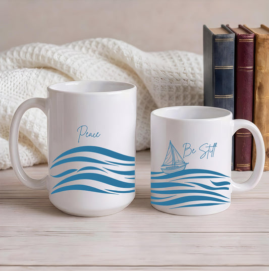 Peace Be Still Scripture Coffee Mug, Sailboat & Ocean Waves Faithful Ceramic Cup