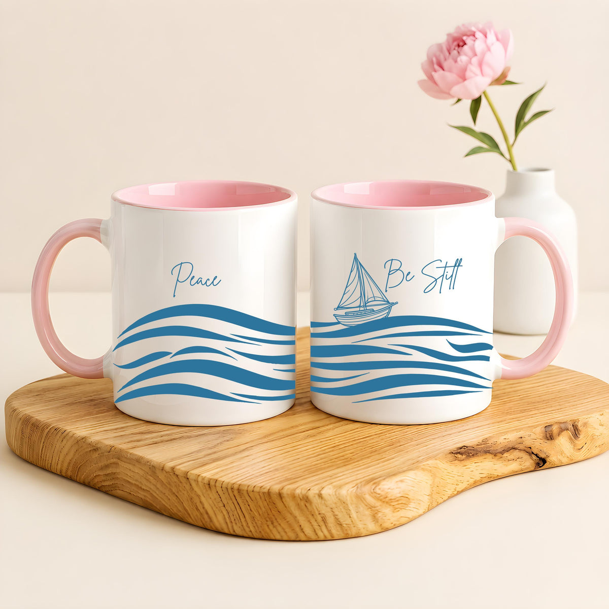 Peace Be Still Scripture Coffee Mug, Sailboat & Ocean Waves Faithful Ceramic Cup