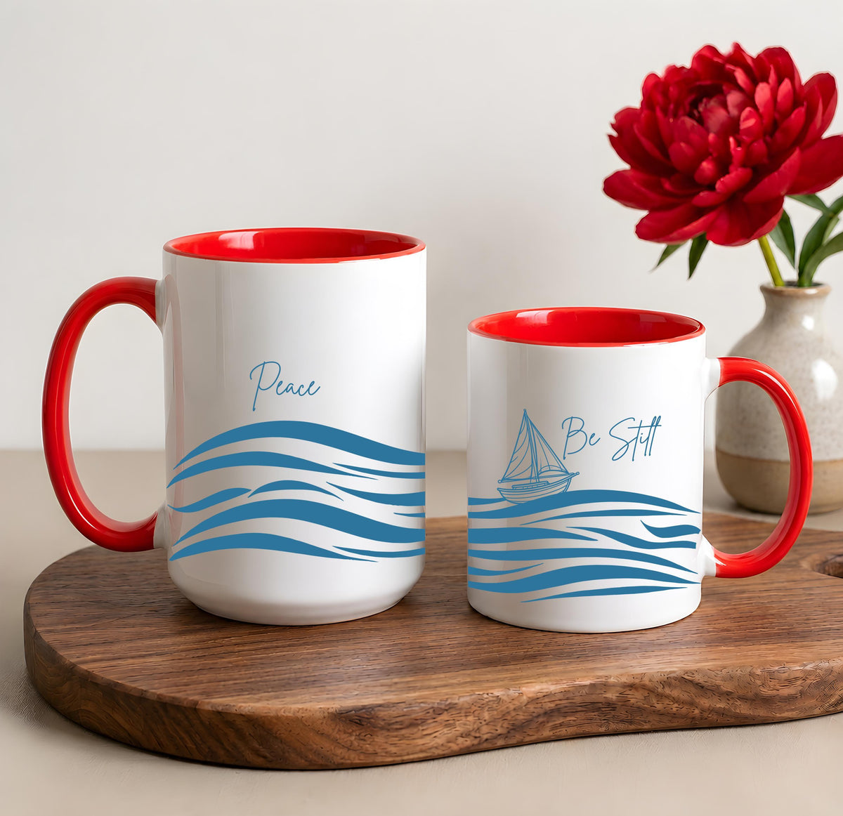 Peace Be Still Scripture Coffee Mug, Sailboat & Ocean Waves Faithful Ceramic Cup