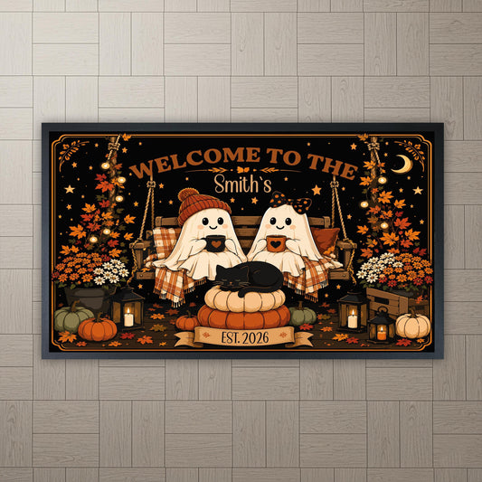 Personalized Fall Doormat, Custom Ghost Couple Welcome Mat, Spooky Porch Decor
