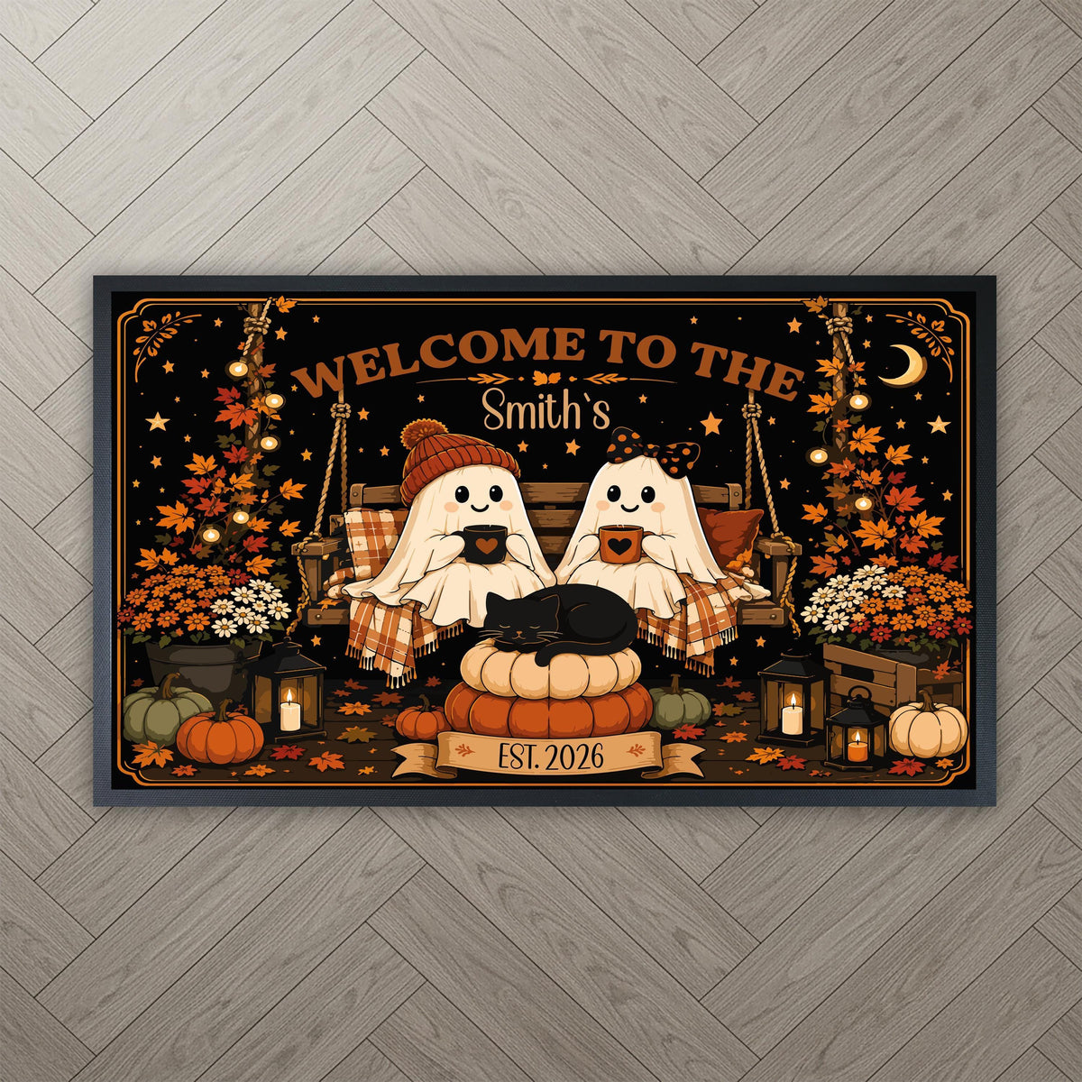 Personalized Fall Doormat, Custom Ghost Couple Welcome Mat, Spooky Porch Decor