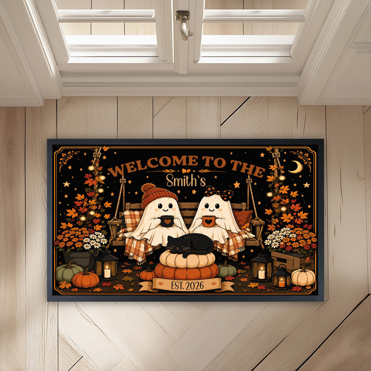 Personalized Fall Doormat, Custom Ghost Couple Welcome Mat, Spooky Porch Decor