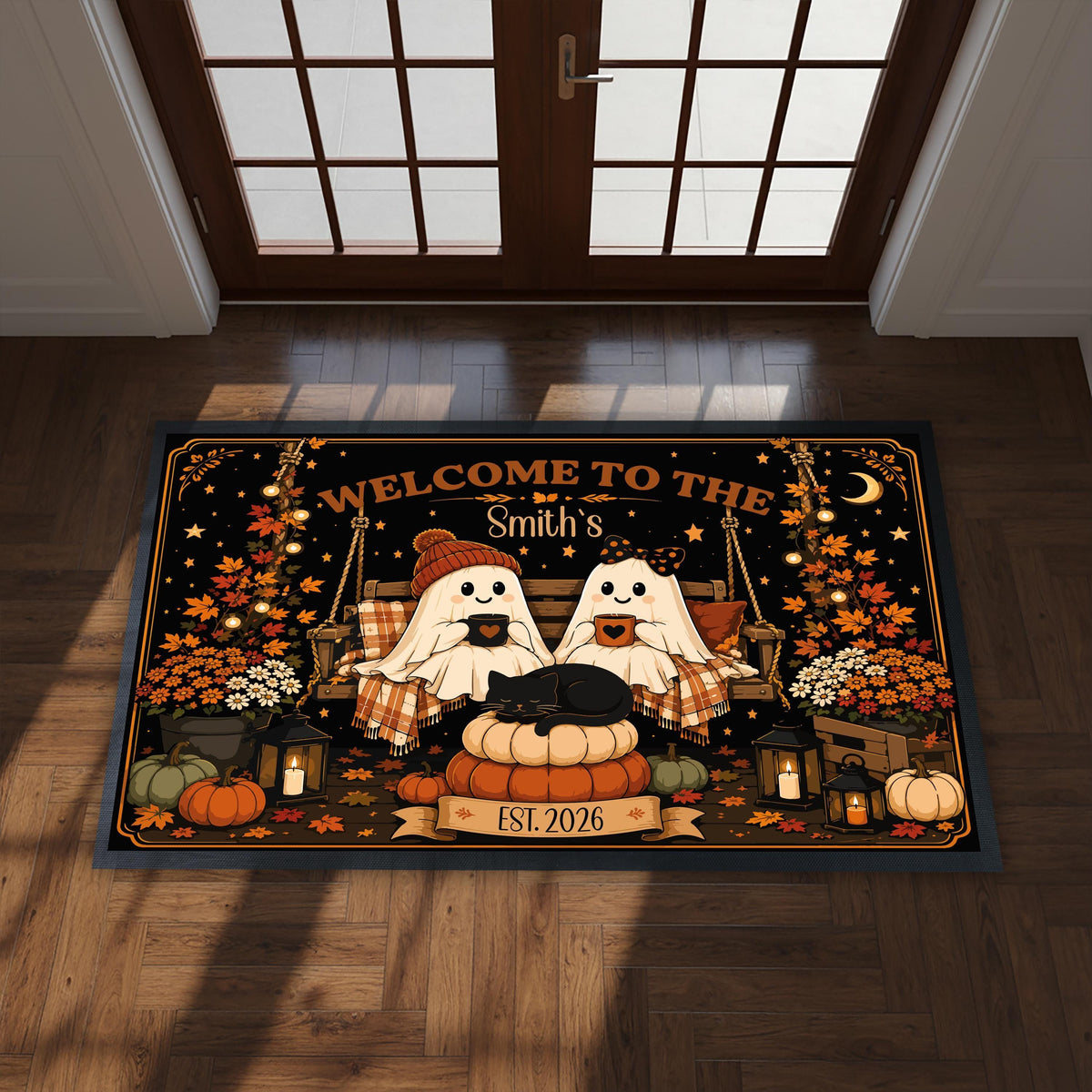 Personalized Fall Doormat, Custom Ghost Couple Welcome Mat, Spooky Porch Decor