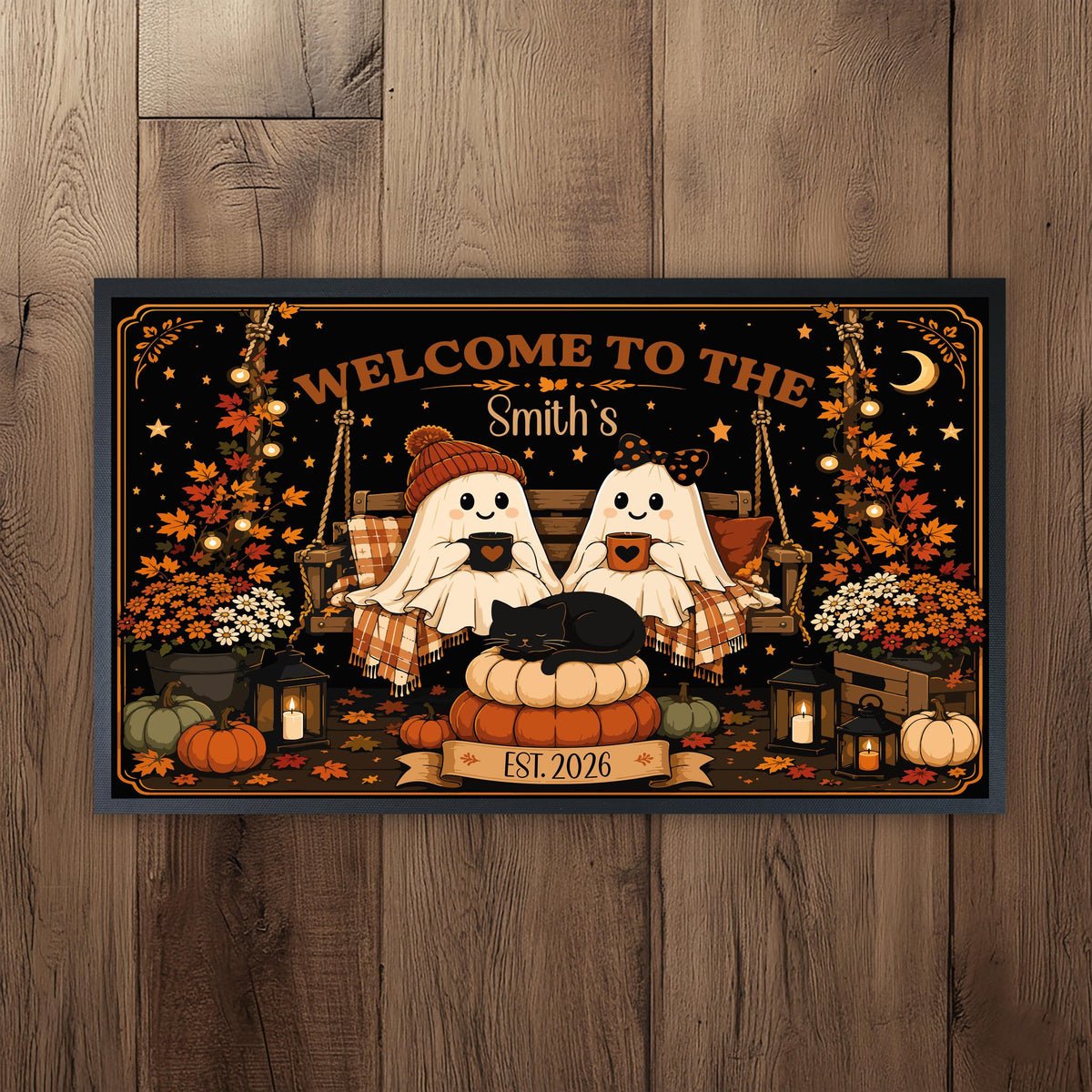 Personalized Fall Doormat, Custom Ghost Couple Welcome Mat, Spooky Porch Decor