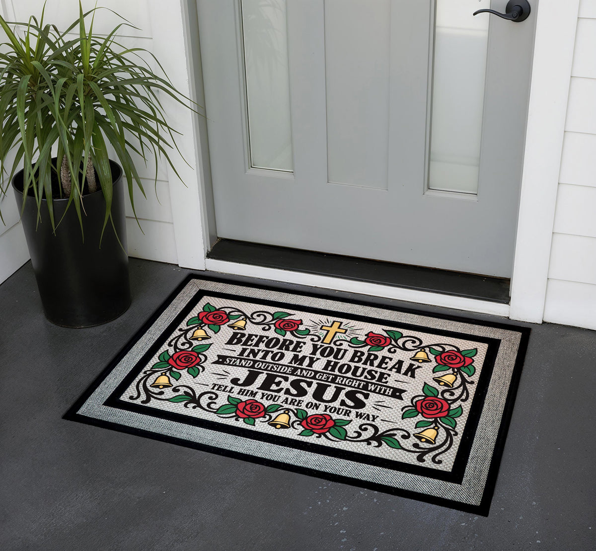 Funny Faith Doormat, Religious Humor Welcome Mat, Floral Roses, Cross (Heavy-Duty)