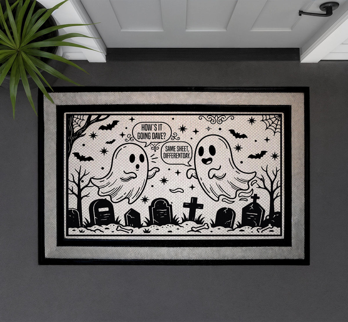 Funny Ghost Doormat, Halloween Graveyard Welcome Mat, Spooky Season Decor