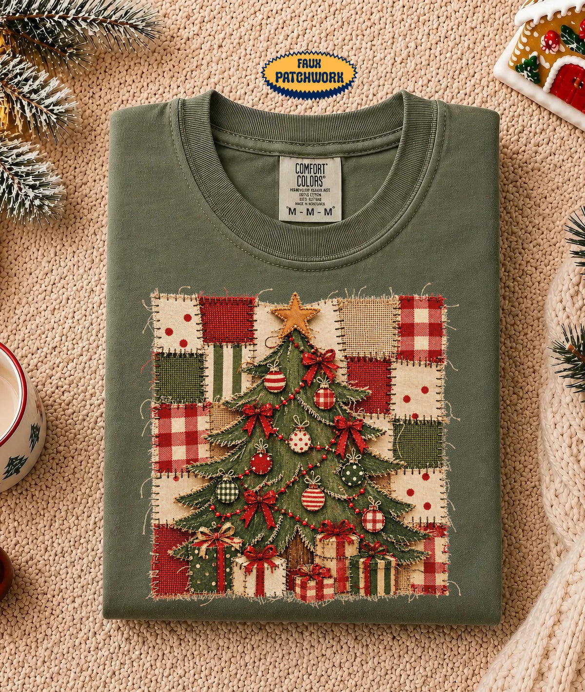 Faux Patchwork Christmas Tree Comfort Colors® Shirt, Women Christmas T-Shirt, Holiday Xmas Gift Tee