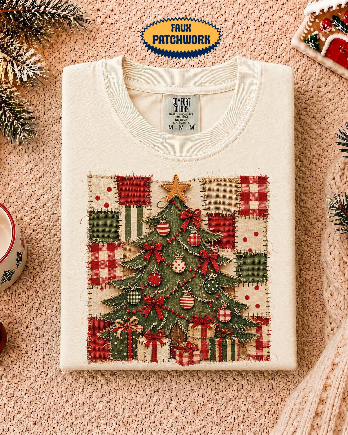 Faux Patchwork Christmas Tree Comfort Colors® Shirt, Women Christmas T-Shirt, Holiday Xmas Gift Tee