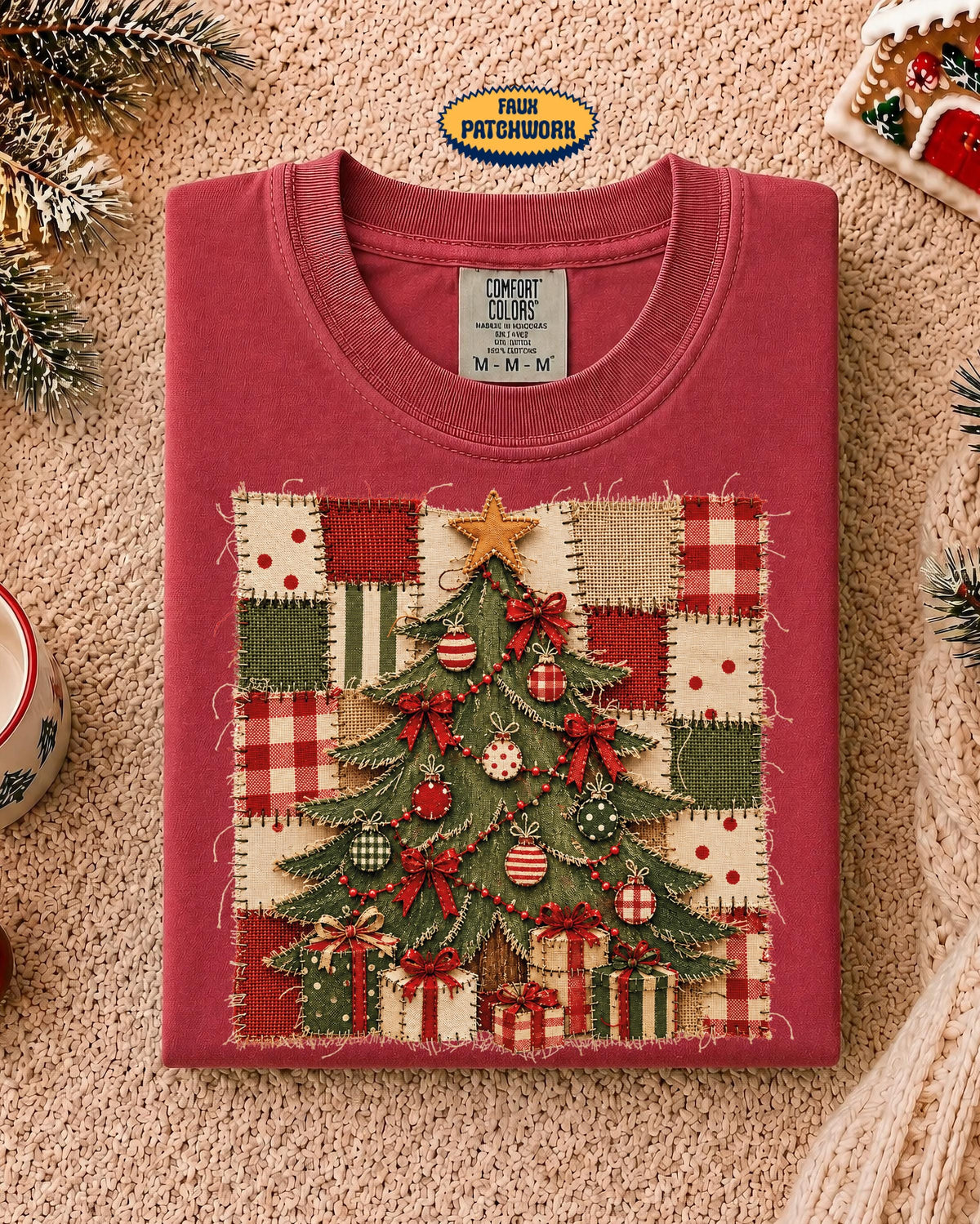 Faux Patchwork Christmas Tree Comfort Colors® Shirt, Women Christmas T-Shirt, Holiday Xmas Gift Tee