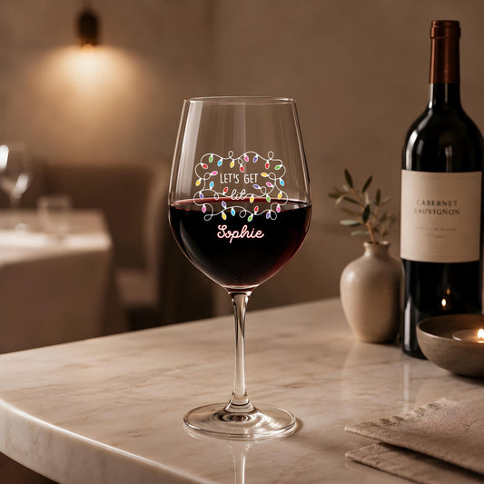 Custom Christmas Lights Wine Glass, Personalized Festive Party Drinkware
