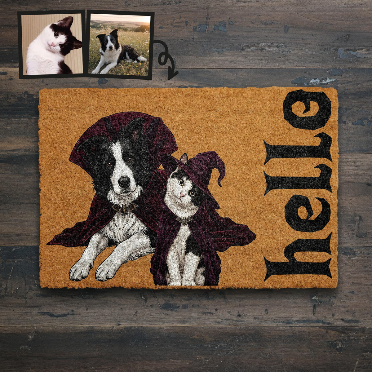 Custom Dog and Cat Doormat, Halloween Welcome Mat, Multiple Pet Portrait Coir Mat, Spooky Front Porch Decor, Witch Cat Vampire Dog