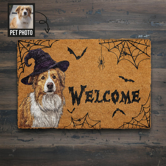 Custom Dog Doormat, Halloween Welcome Mat, Witch Dog Pet Portrait, Spooky Coir Mat, Spider Web Front Porch Decor, Personalized Dog Gift