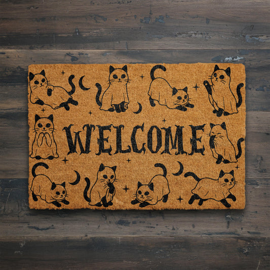 Ghost Cat Doormat, Halloween Welcome Mat, Spooky Cat Coir Mat, Cute Ghost Decor, Fall Front Porch, Cat Lover Gift, Witchy Welcome