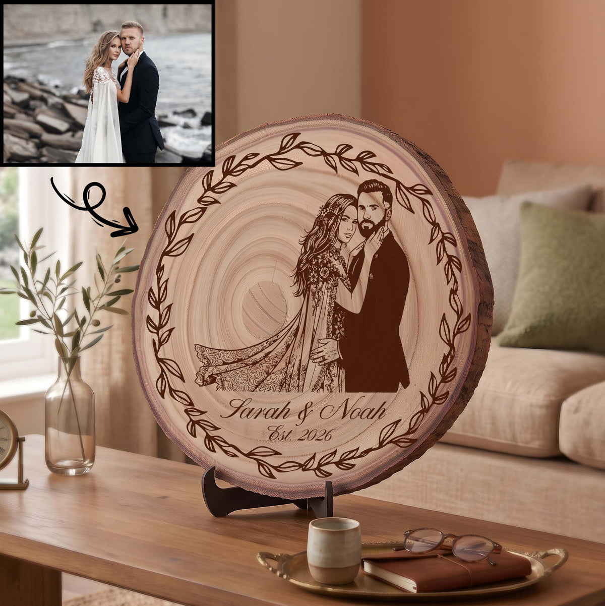 Personalized Engraved Wood Slice Photo Sign, Custom Couple or Family Portrait
