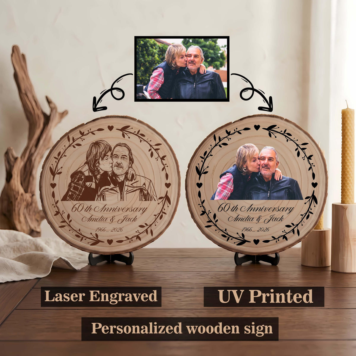 Personalized Photo Wooden Plaque, Laser Engraved or UV Printed Anniversary Keepsake