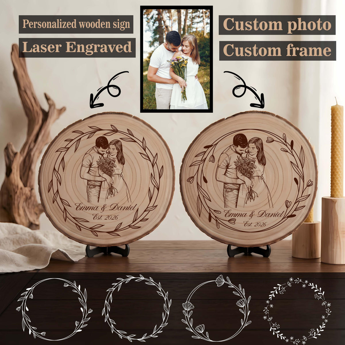 Personalized Photo Wooden Plaque, Laser Engraved or UV Printed Anniversary Keepsake