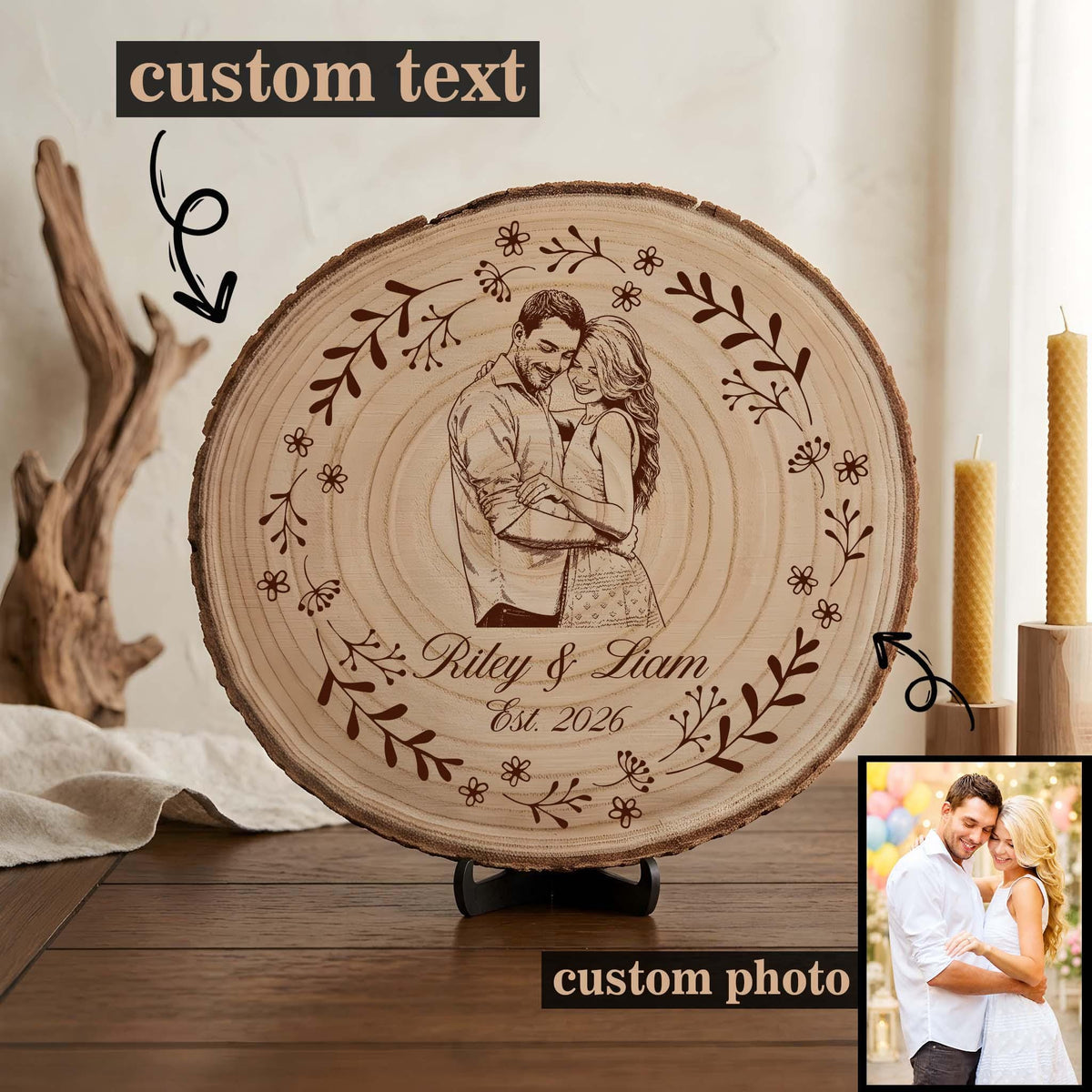 Personalized Photo Wooden Plaque, Laser Engraved or UV Printed Anniversary Keepsake