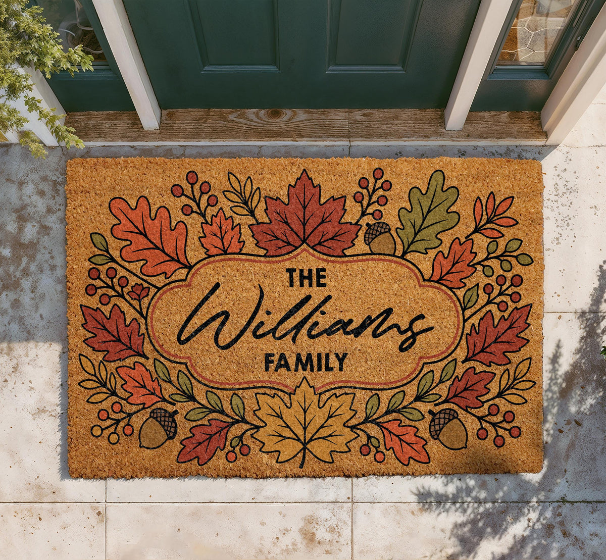 Personalized Family Name Doormat, Autumn Leaves Acorn Welcome Mat, Cozy Fall Entryway Decoration