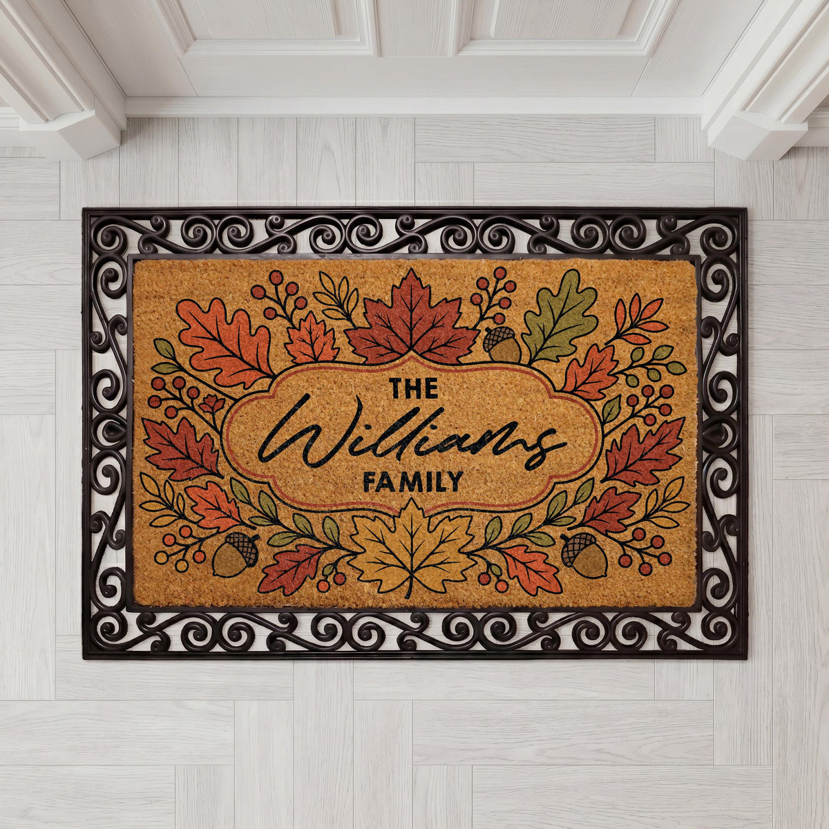 Personalized Family Name Doormat, Autumn Leaves Acorn Welcome Mat, Cozy Fall Entryway Decoration