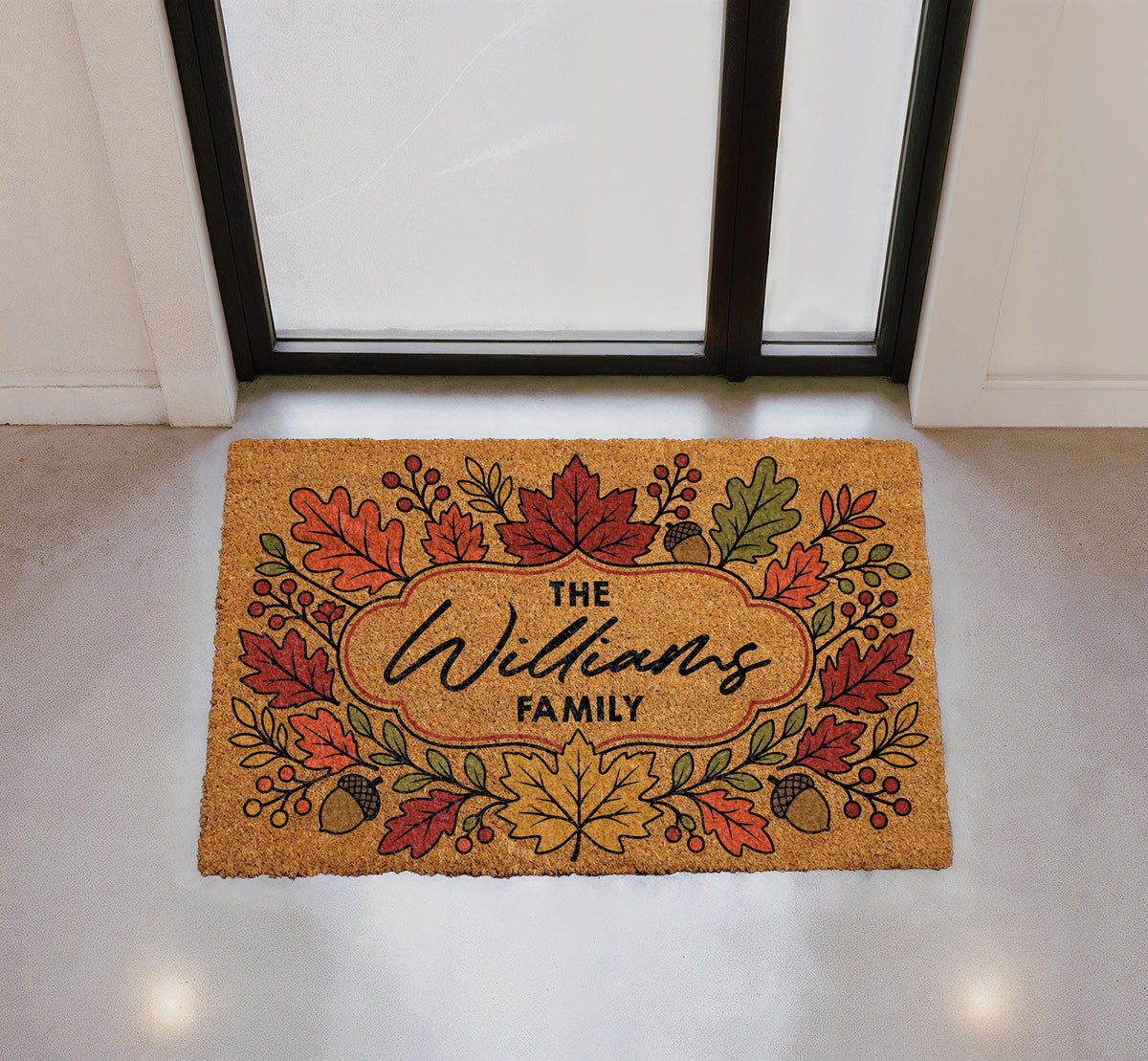 Personalized Family Name Doormat, Autumn Leaves Acorn Welcome Mat, Cozy Fall Entryway Decoration