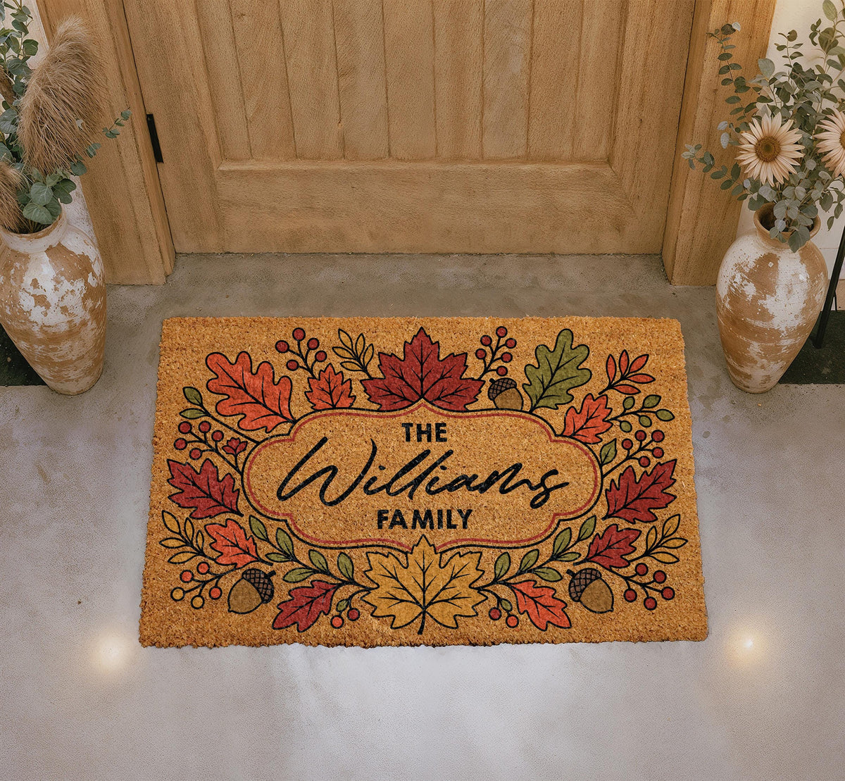Personalized Family Name Doormat, Autumn Leaves Acorn Welcome Mat, Cozy Fall Entryway Decoration