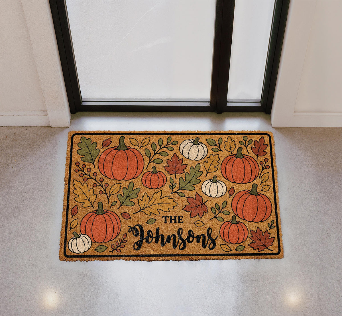 Personalized Pumpkin Doormat, Custom Family Name Fall Leaves Welcome Mat