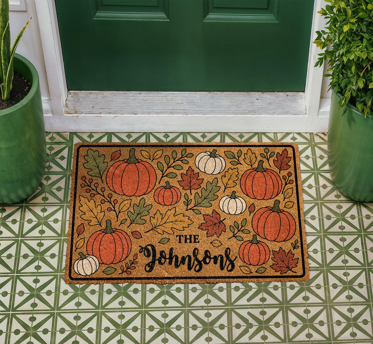 Personalized Pumpkin Doormat, Custom Family Name Fall Leaves Welcome Mat