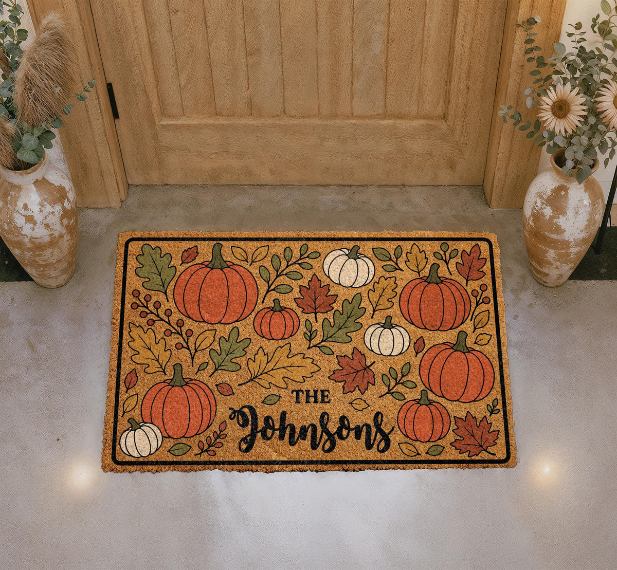 Personalized Pumpkin Doormat, Custom Family Name Fall Leaves Welcome Mat
