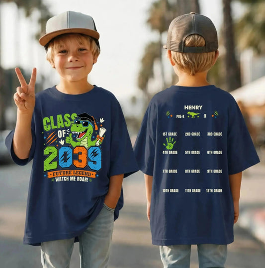 Personalized Class of 2039 Handprint T-Shirt, Dinosaur New Student Shirt, Kids School Gift Tee