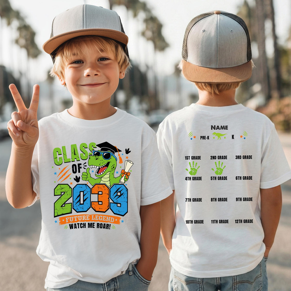 Personalized Class of 2039 Handprint T-Shirt, Dinosaur New Student Shirt, Kids School Gift Tee