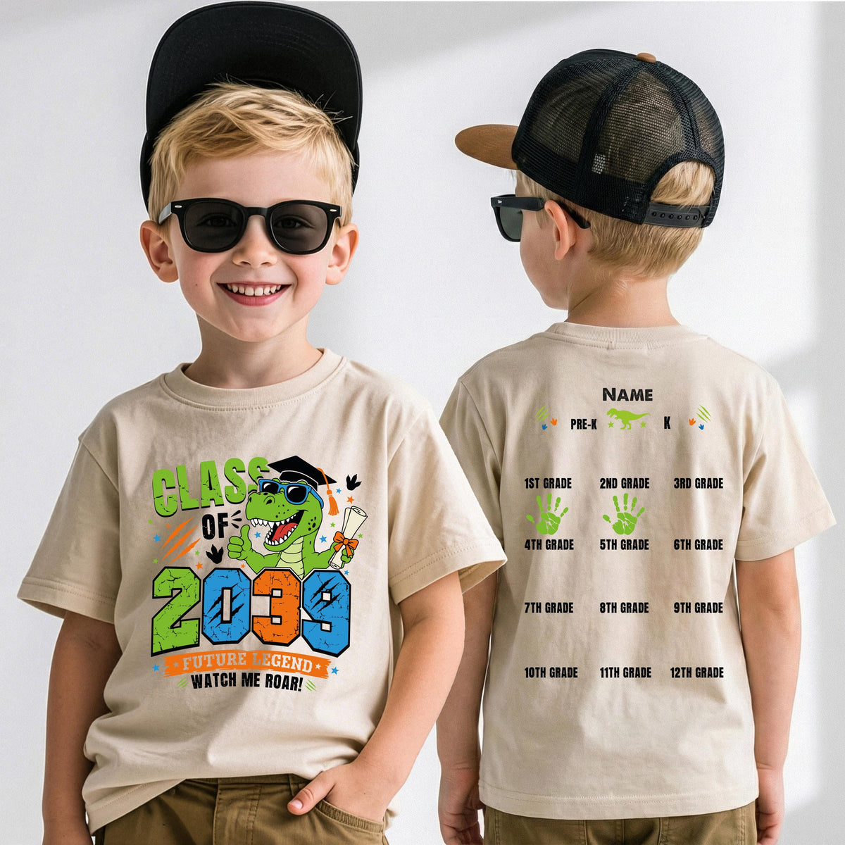 Personalized Class of 2039 Handprint T-Shirt, Dinosaur New Student Shirt, Kids School Gift Tee