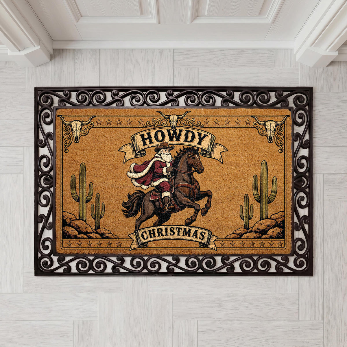 Western Cowboy Santa Christmas Doormat, Desert Holiday Porch Decor