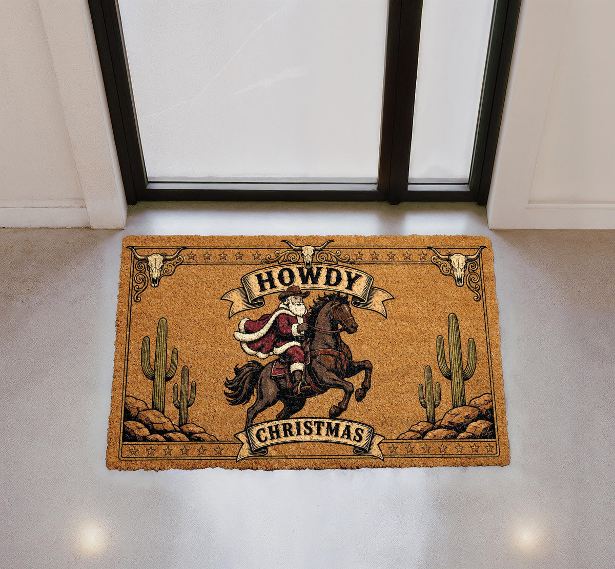 Western Cowboy Santa Christmas Doormat, Desert Holiday Porch Decor