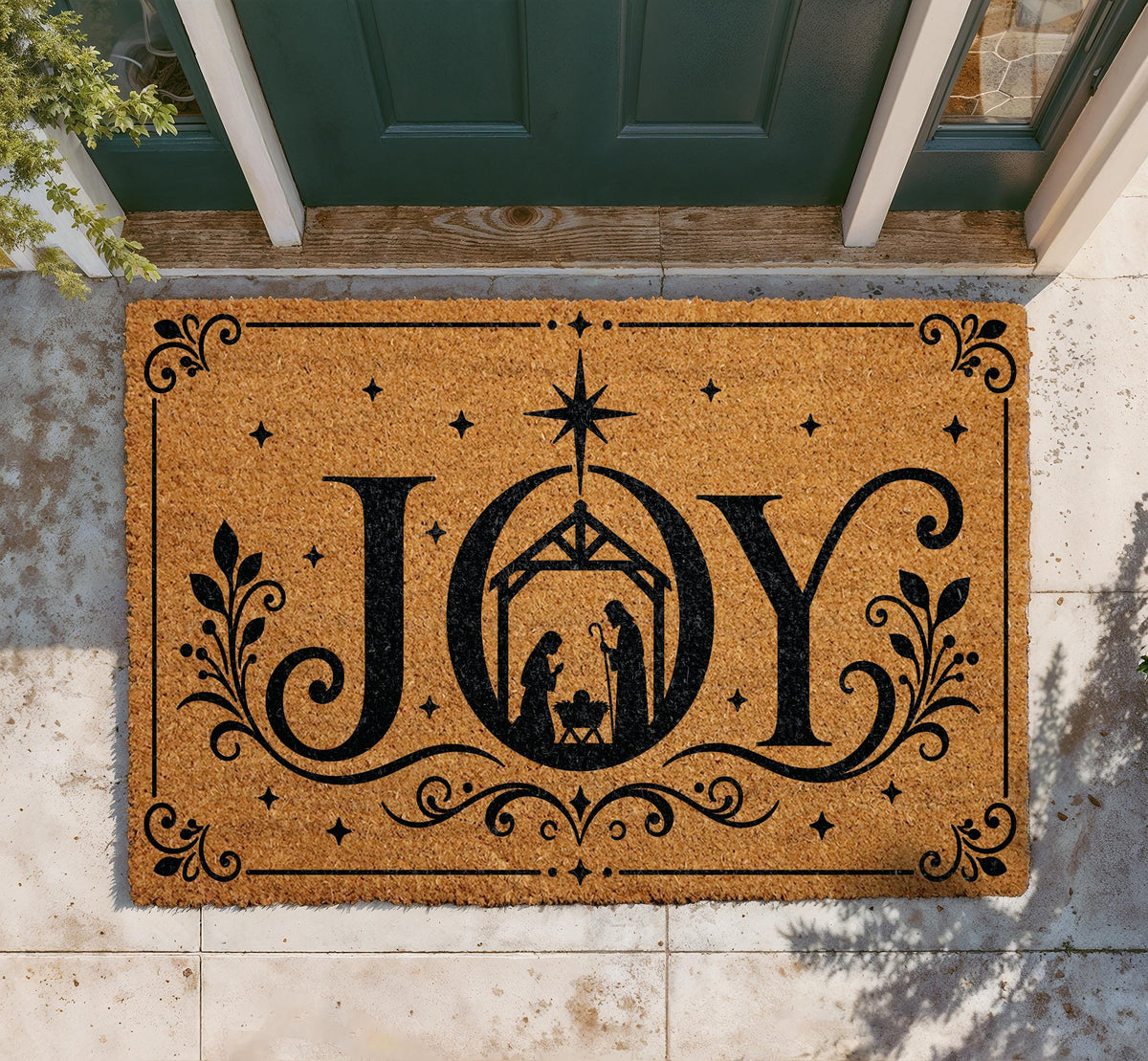 JOY Nativity Scene Doormat, Holy Family Welcome Mat, Religious Christmas Decoration