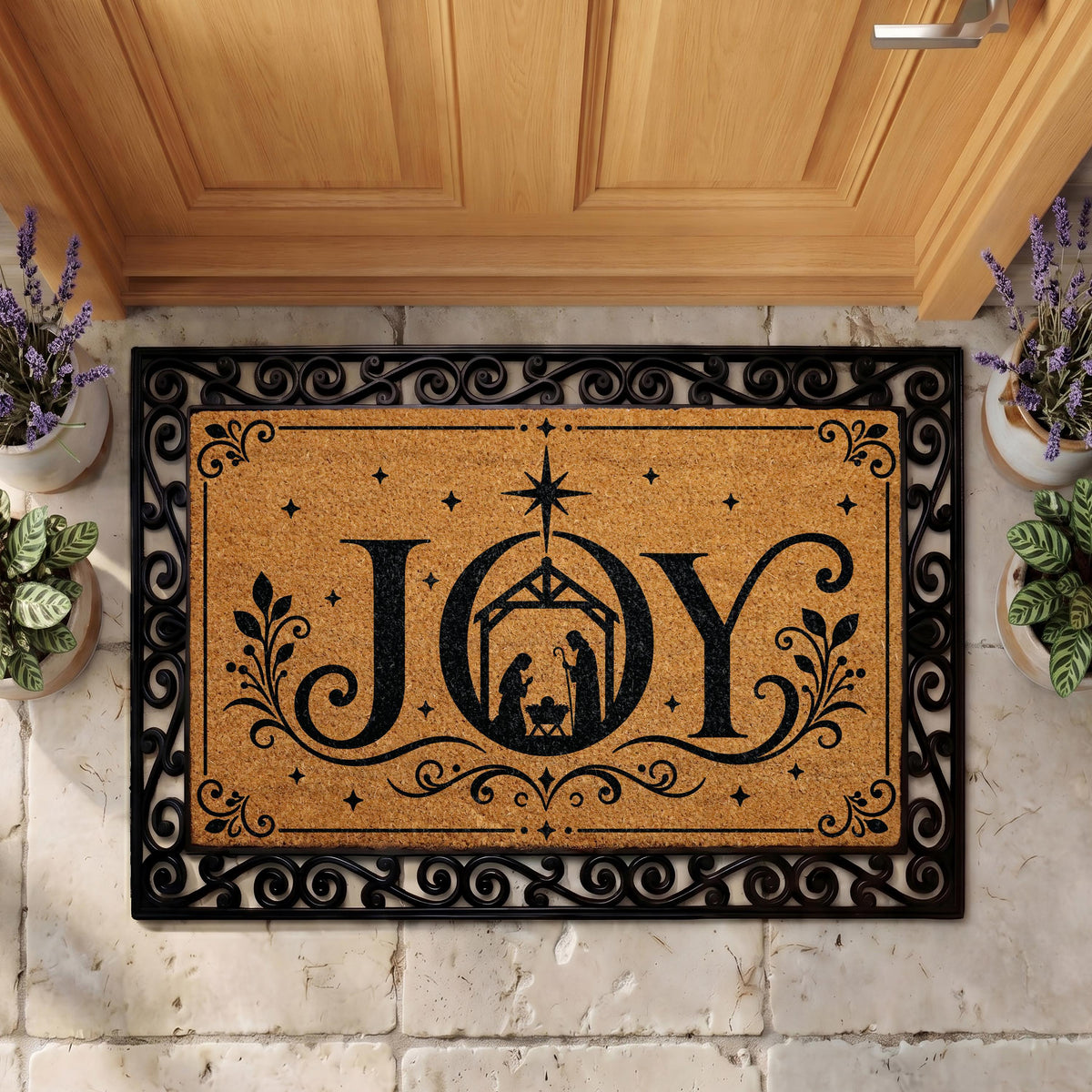 JOY Nativity Scene Doormat, Holy Family Welcome Mat, Religious Christmas Decoration