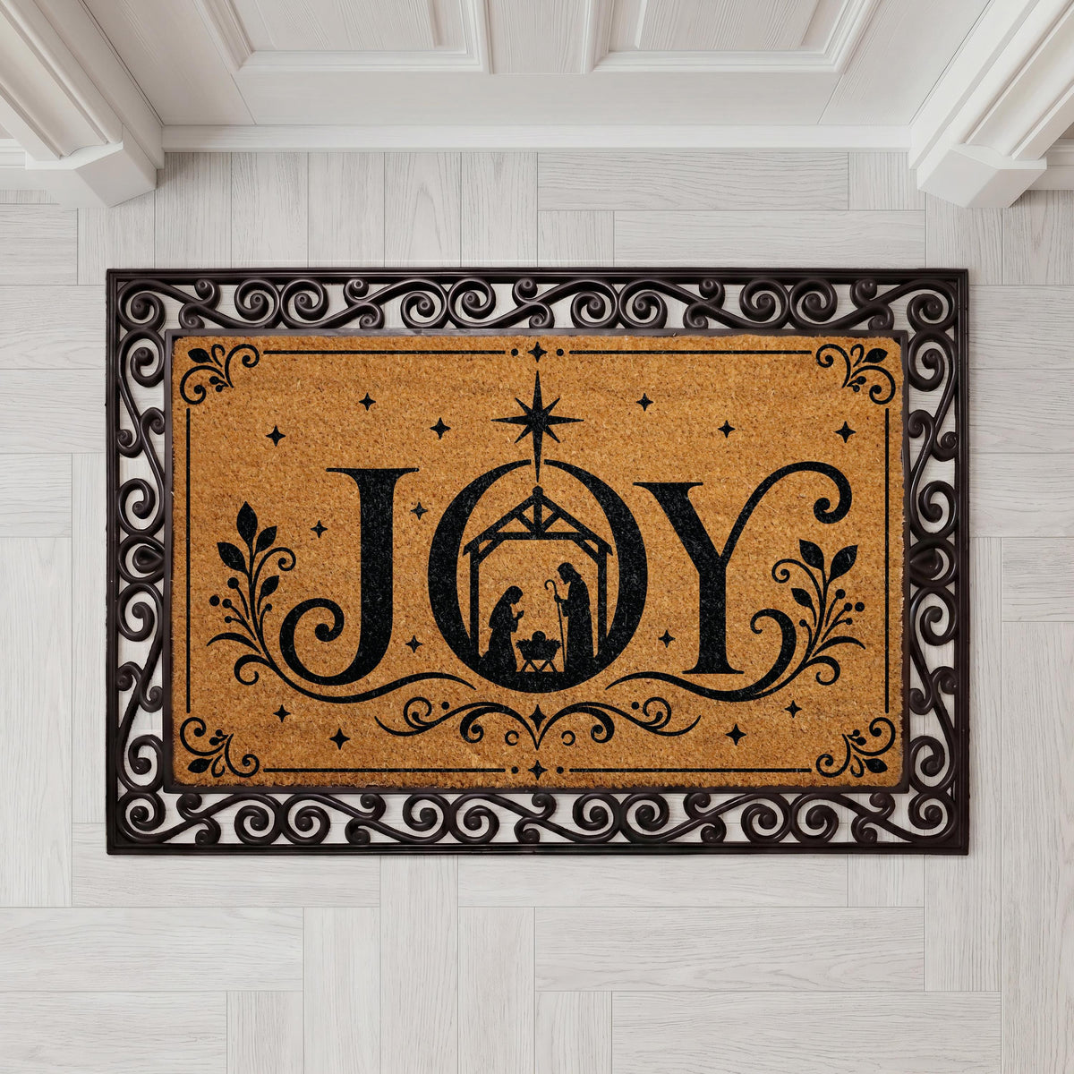 JOY Nativity Scene Doormat, Holy Family Welcome Mat, Religious Christmas Decoration