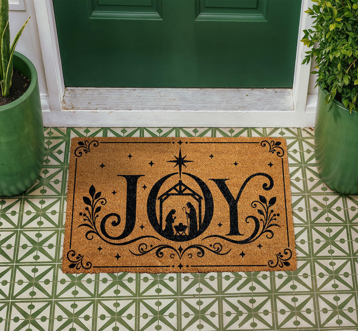 JOY Nativity Scene Doormat, Holy Family Welcome Mat, Religious Christmas Decoration