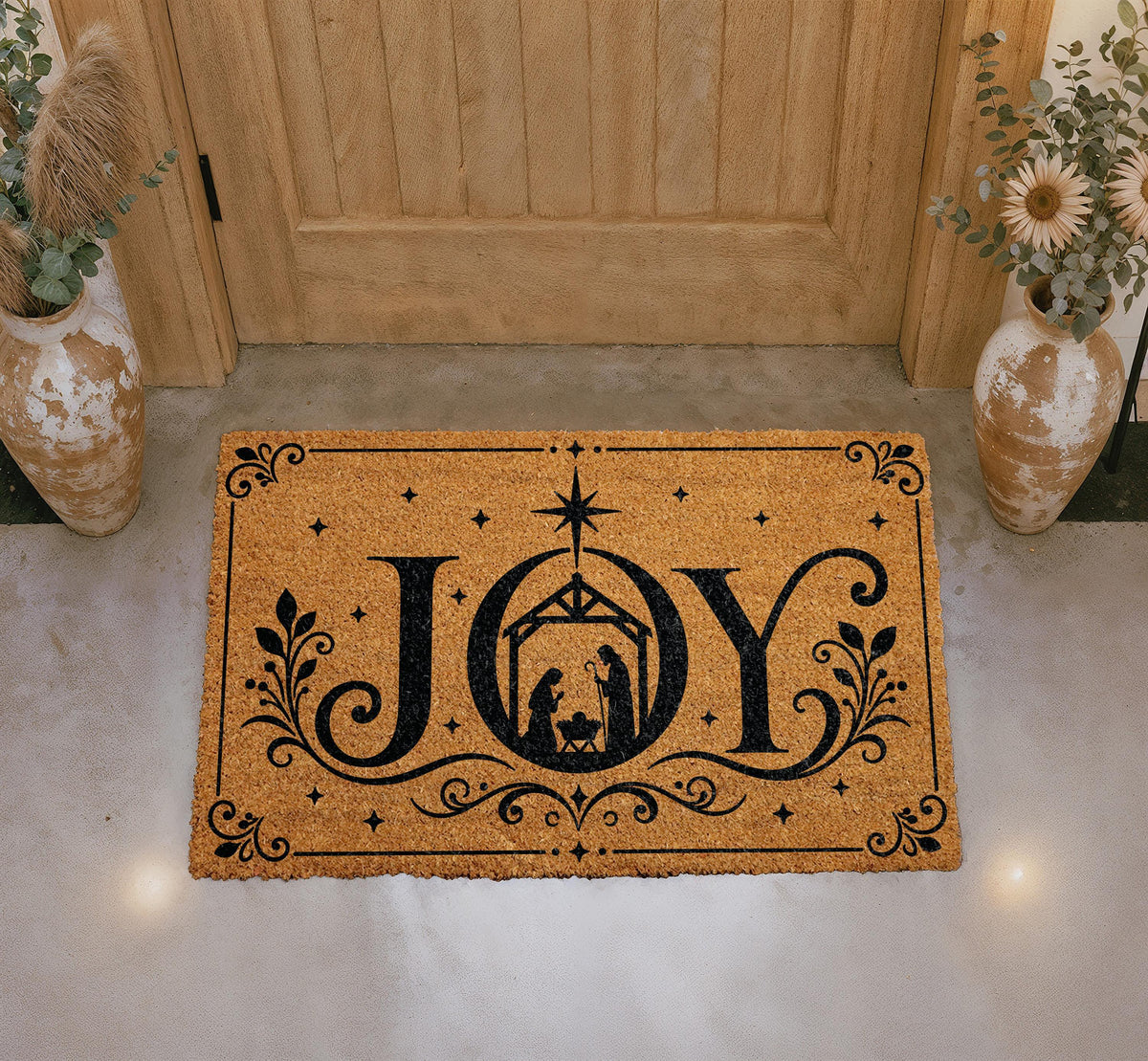 JOY Nativity Scene Doormat, Holy Family Welcome Mat, Religious Christmas Decoration